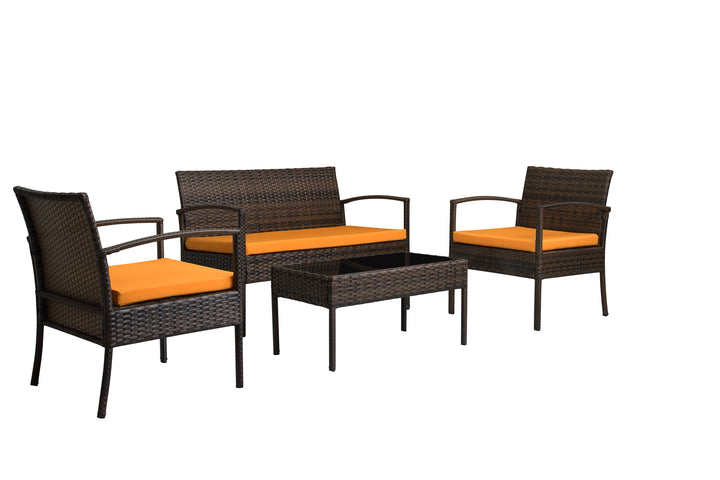 Four Piece Outdoor Brown Wicker Sofa Seating Group with Orange Cushions