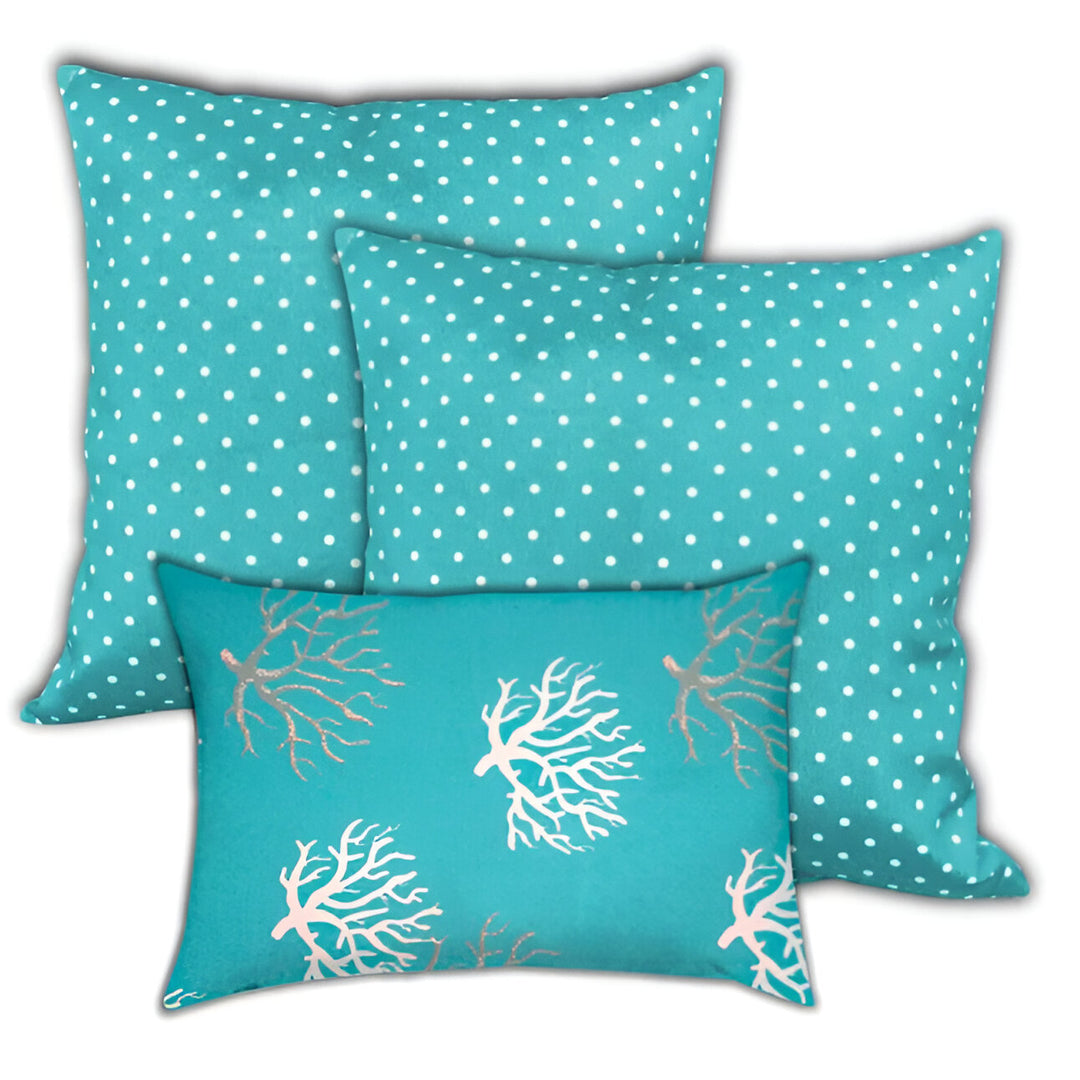 Set of Three Aqua and White Coral Polka Dot Indoor Outdoor Throw Pillow