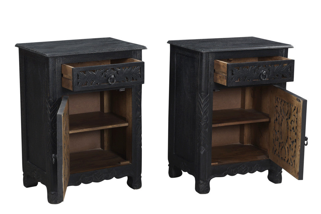 30" Distressed Black One Drawer Floral Carved Solid Wood Nightstand