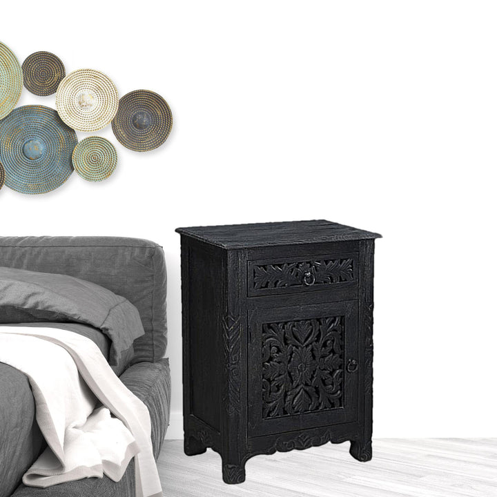 30" Distressed Black One Drawer Floral Carved Solid Wood Nightstand