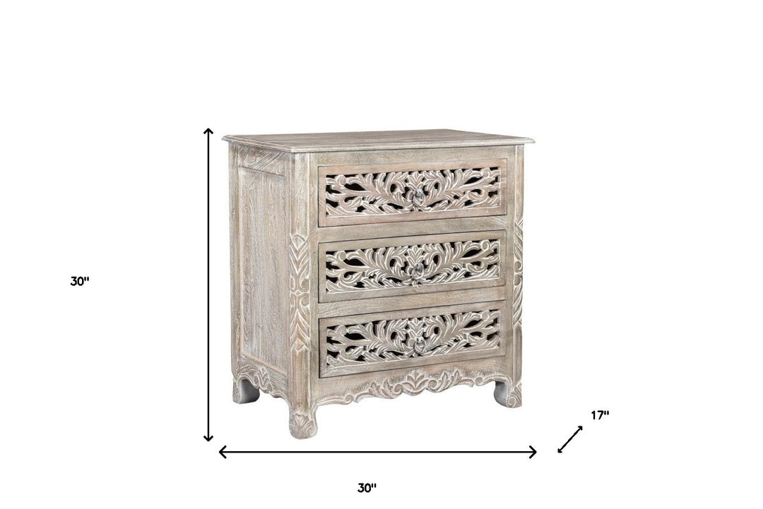 30" Distressed Gray Three Drawer Floral Carved Solid Wood Nightstand