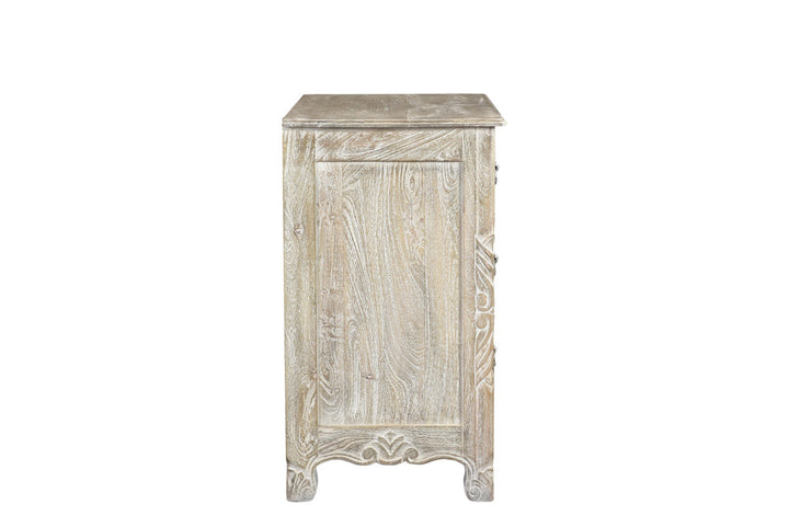 30" Distressed Gray Three Drawer Floral Carved Solid Wood Nightstand