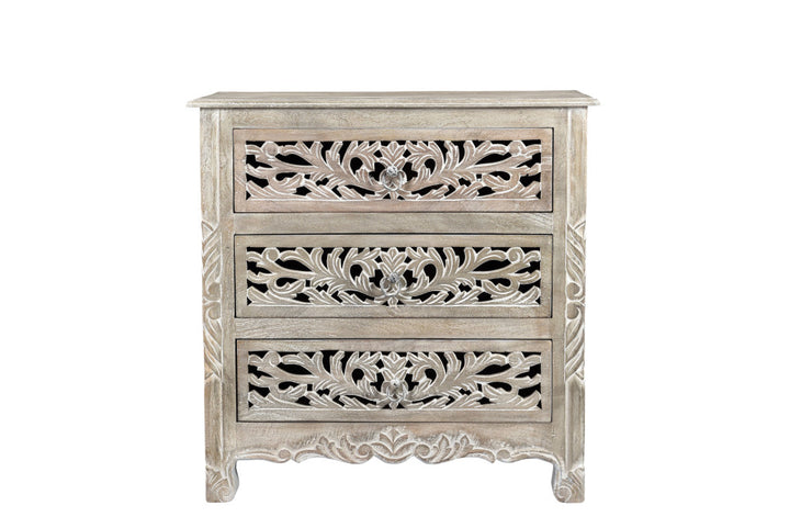 30" Distressed Gray Three Drawer Floral Carved Solid Wood Nightstand