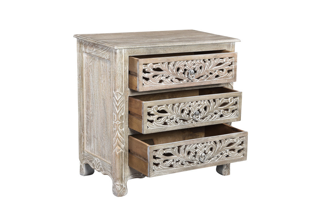 30" Distressed Gray Three Drawer Floral Carved Solid Wood Nightstand