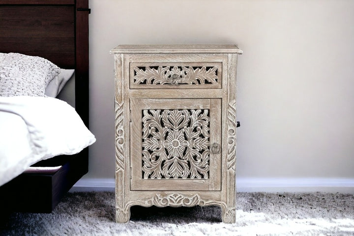 30" Distressed Gray One Drawer Carved Floral Solid Wood Nightstand