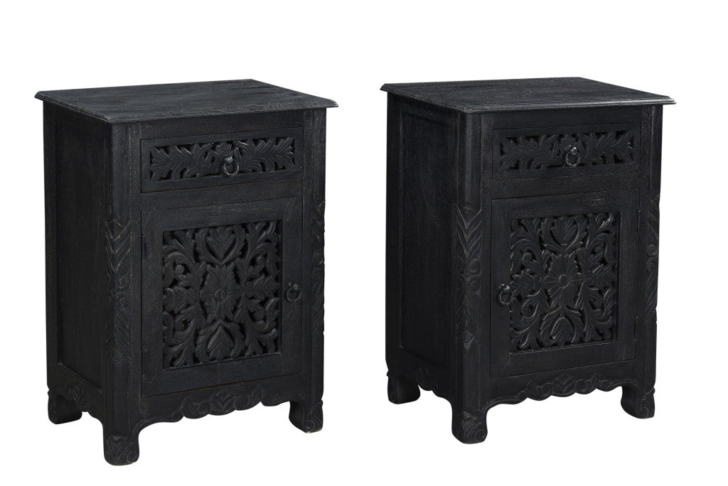 30" Distressed Black One Drawer Carved Floral Solid Wood Nightstand