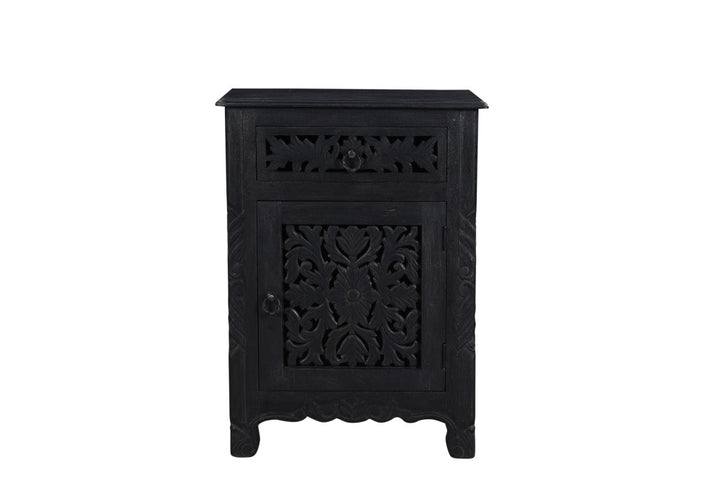 30" Distressed Black One Drawer Carved Floral Solid Wood Nightstand