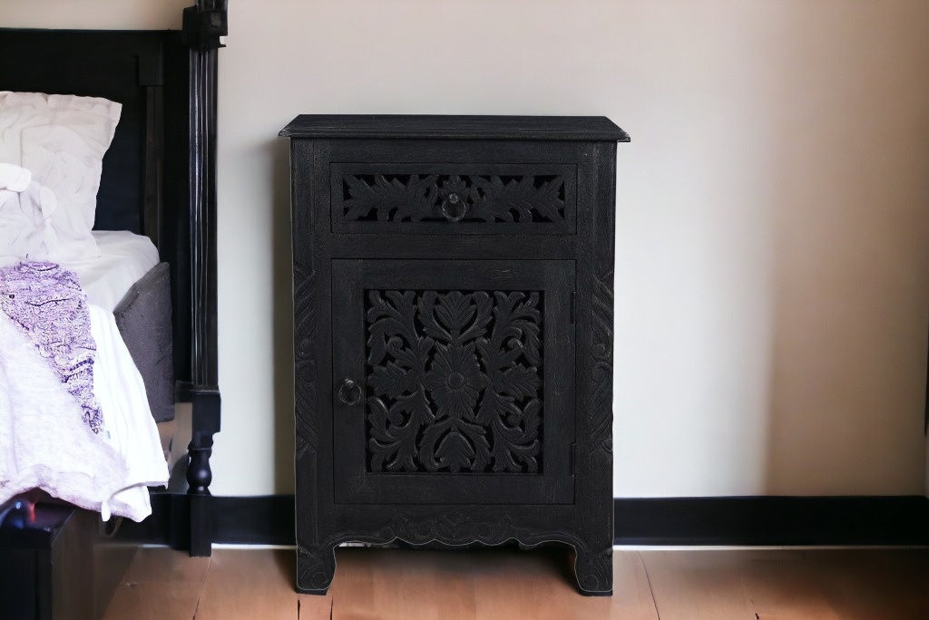 30" Distressed Black One Drawer Carved Floral Solid Wood Nightstand