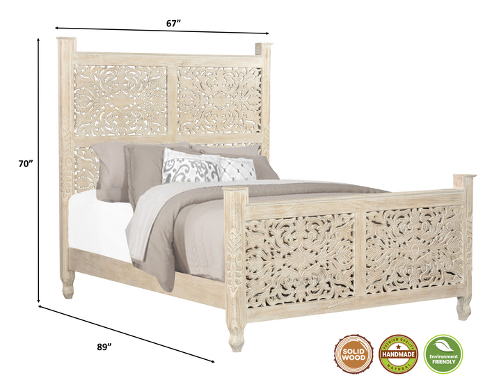 Distressed White Floral Carved Wood Queen Bed