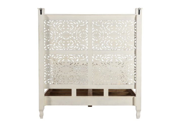 Distressed White Floral Carved Wood Queen Bed