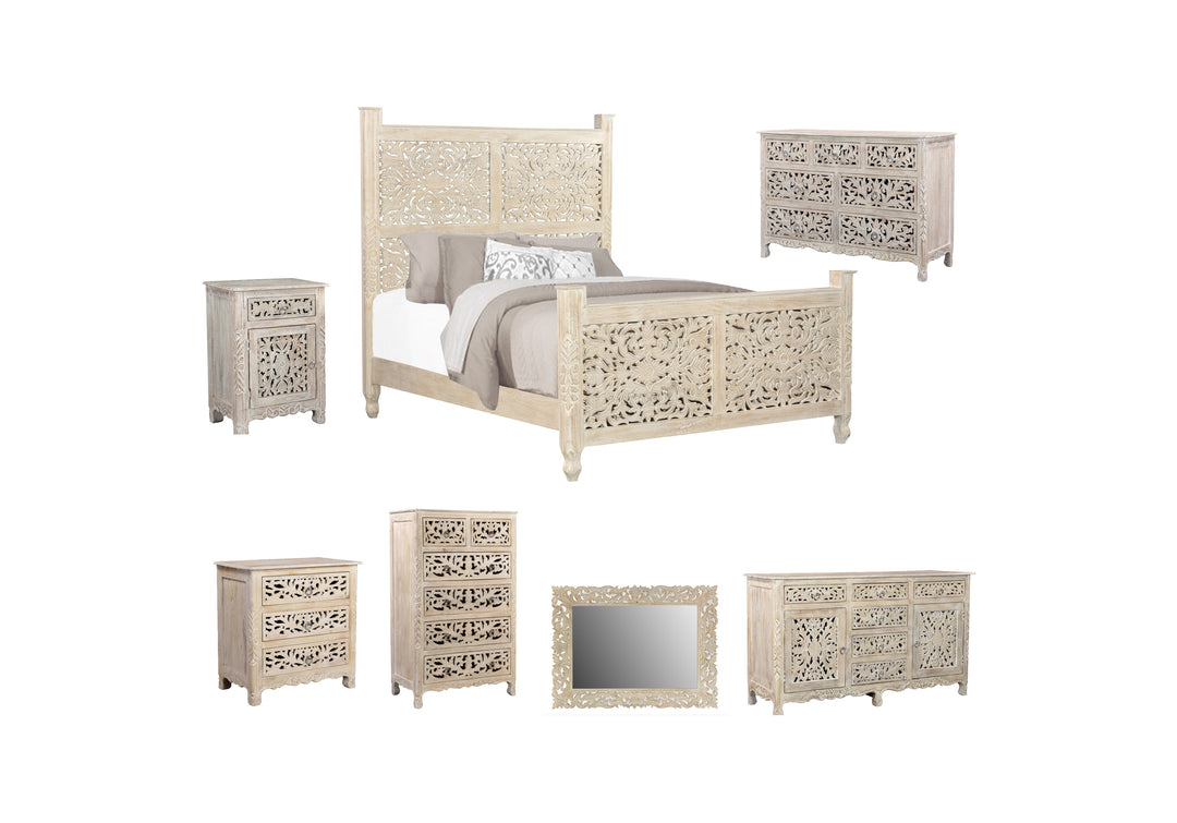 Distressed White Floral Carved Wood Queen Bed