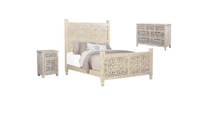 Distressed White Floral Carved Wood Queen Bed