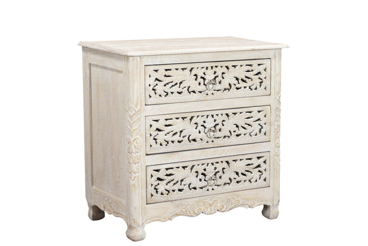 30" Distressed White Three Drawer Floral Carved Solid Wood Nightstand