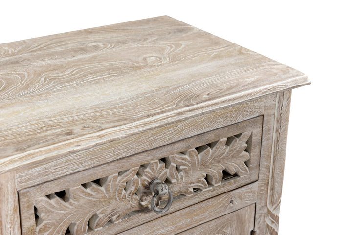 30" Distressed White One Drawer Carved Floral Solid Wood Nightstand