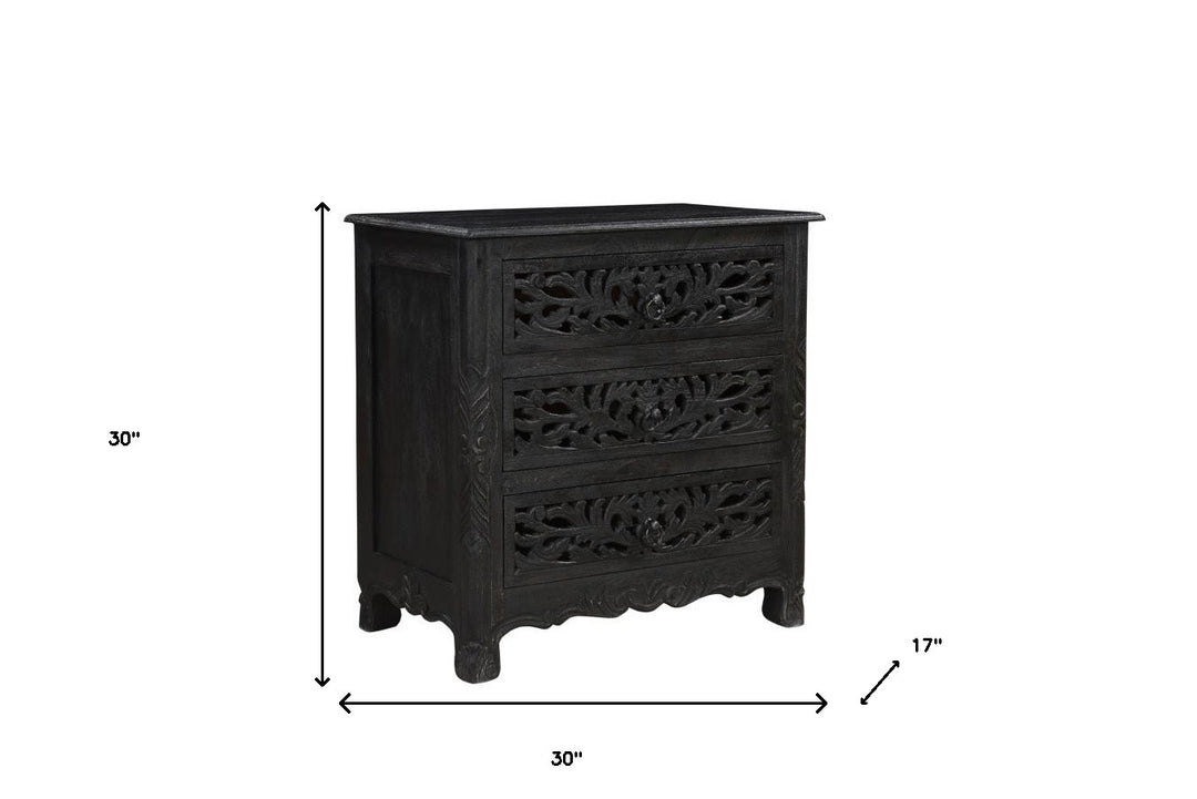 30" Distressed Black Three Drawer Floral Carved Solid Wood Nightstand