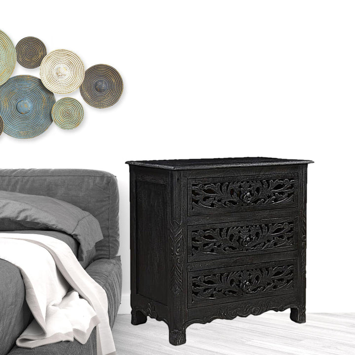 30" Distressed Black Three Drawer Floral Carved Solid Wood Nightstand