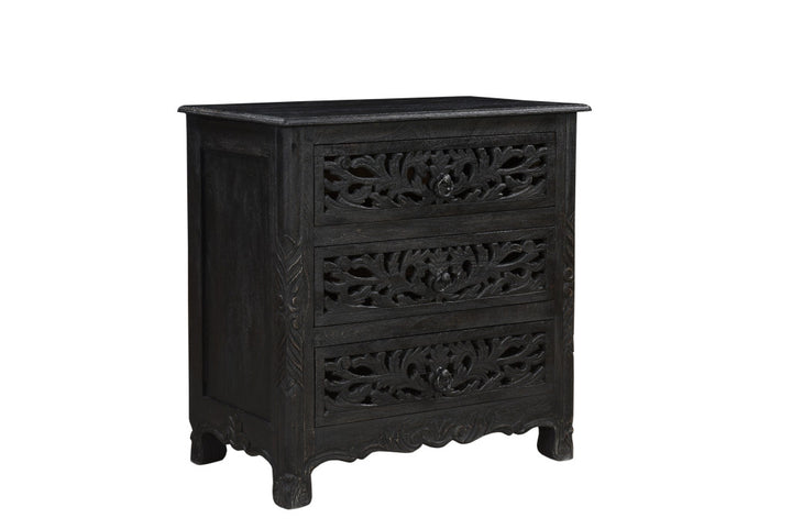 30" Distressed Black Three Drawer Floral Carved Solid Wood Nightstand