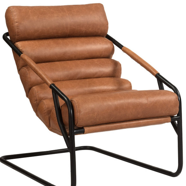 25" Brown And Black Tufted Top Grain Leather and Metal Lounge Chair