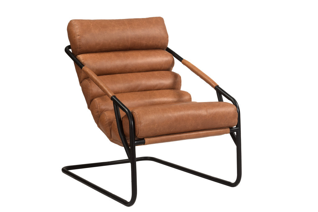 25" Brown And Black Tufted Top Grain Leather and Metal Lounge Chair