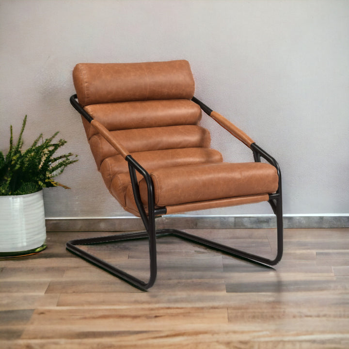 25" Brown And Black Tufted Top Grain Leather and Metal Lounge Chair