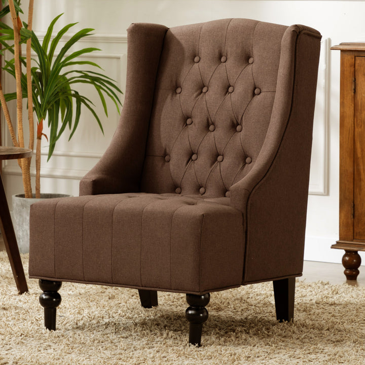 25" Brown And Black Fabric Tufted Wingback Chair