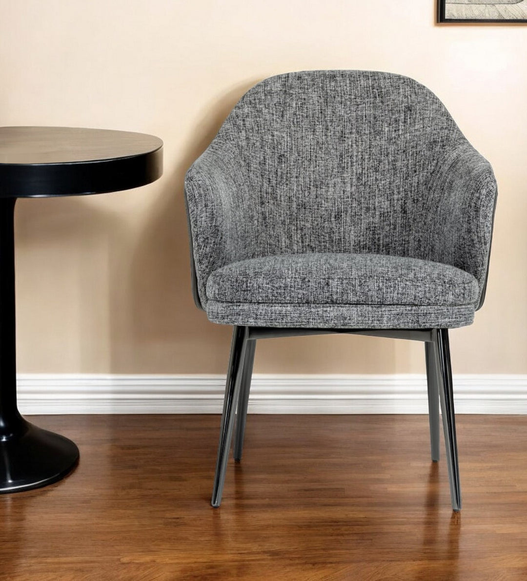 Gray And Black Upholstered Fabric and Faux Leather Wing Back Dining Arm Chair