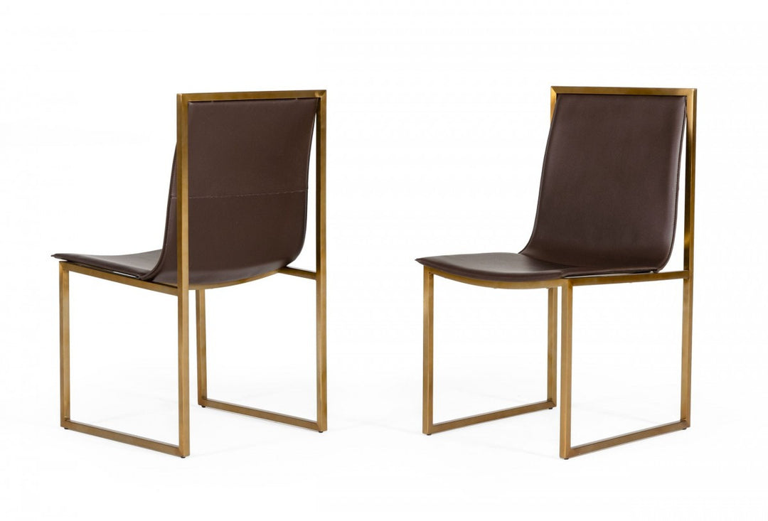 Set of Two Brown And Brass Upholstered Faux Leather Dining Side Chairs