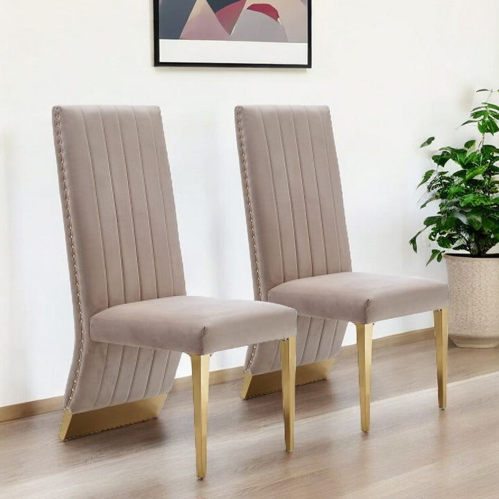 Set of Two Tufted Beige And Gold Upholstered Velvet Dining Side Chairs