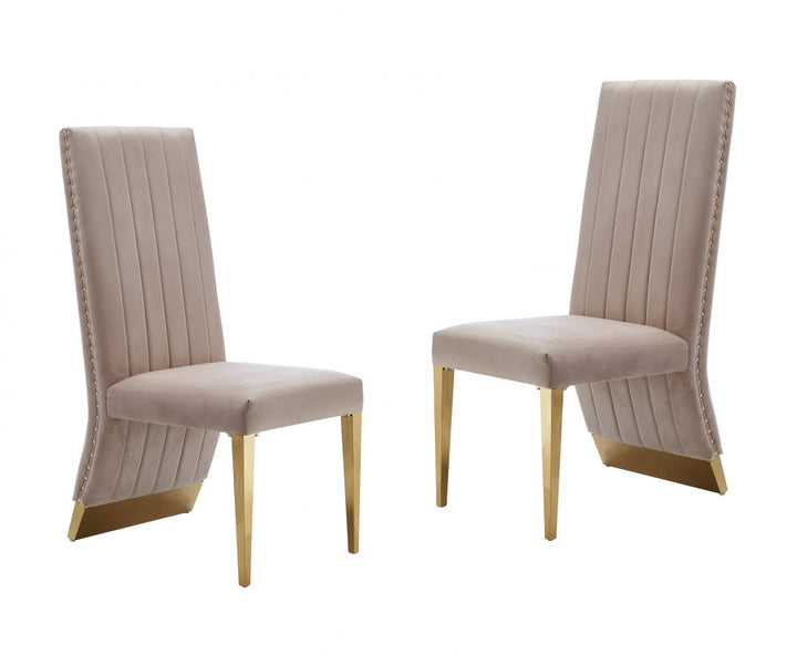 Set of Two Tufted Beige And Gold Upholstered Velvet Dining Side Chairs