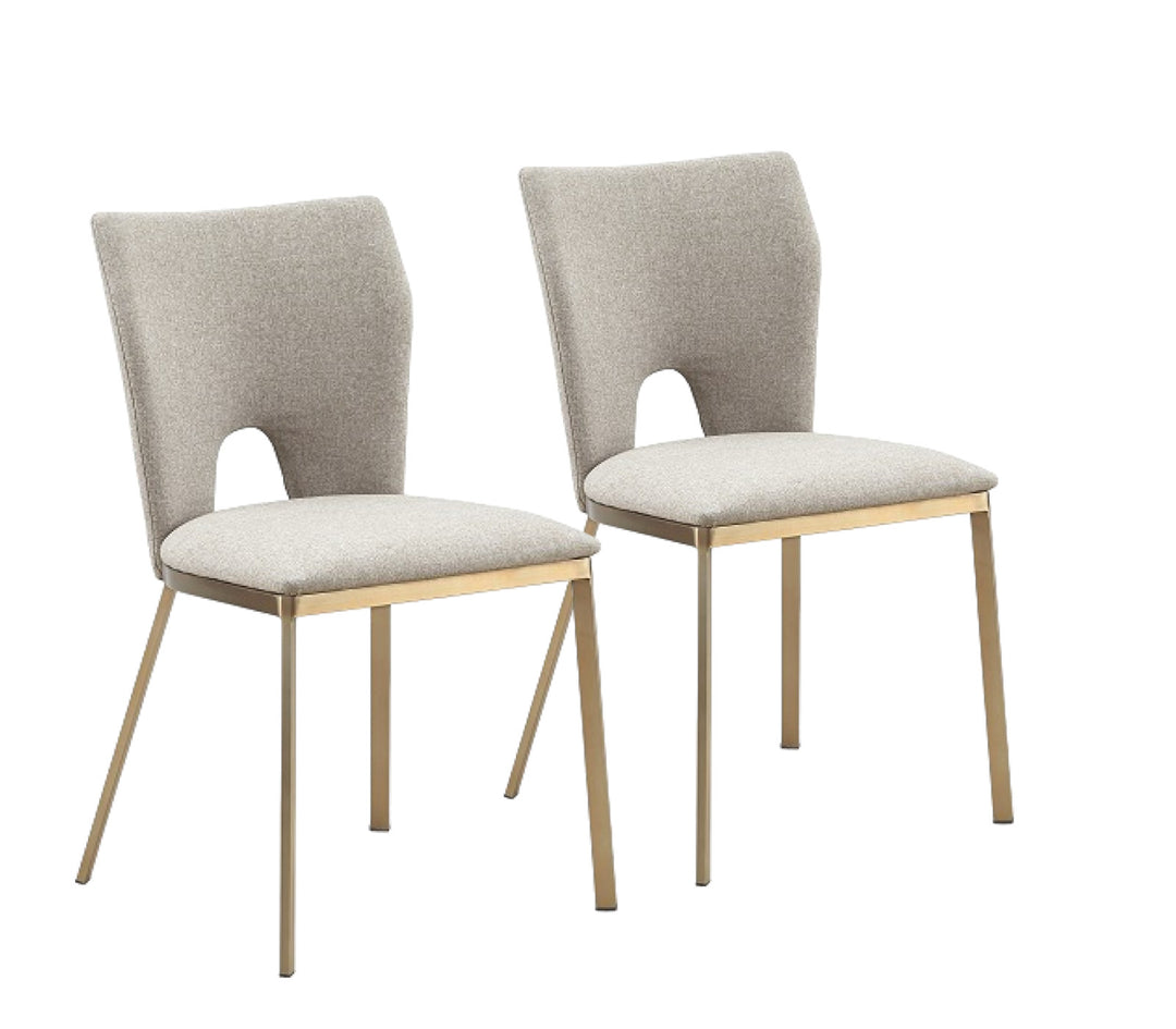 Set of Two Beige And Brass Upholstered Fabric Open Back Dining Side Chairs