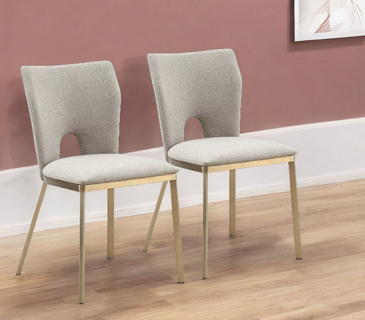 Set of Two Beige And Brass Upholstered Fabric Open Back Dining Side Chairs