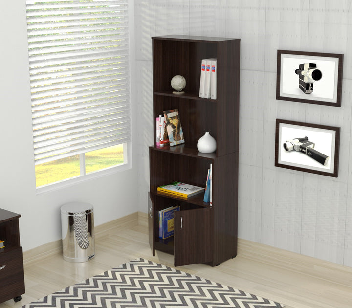 Espresso Finish Wood Three Self And Cabinet Bookcase