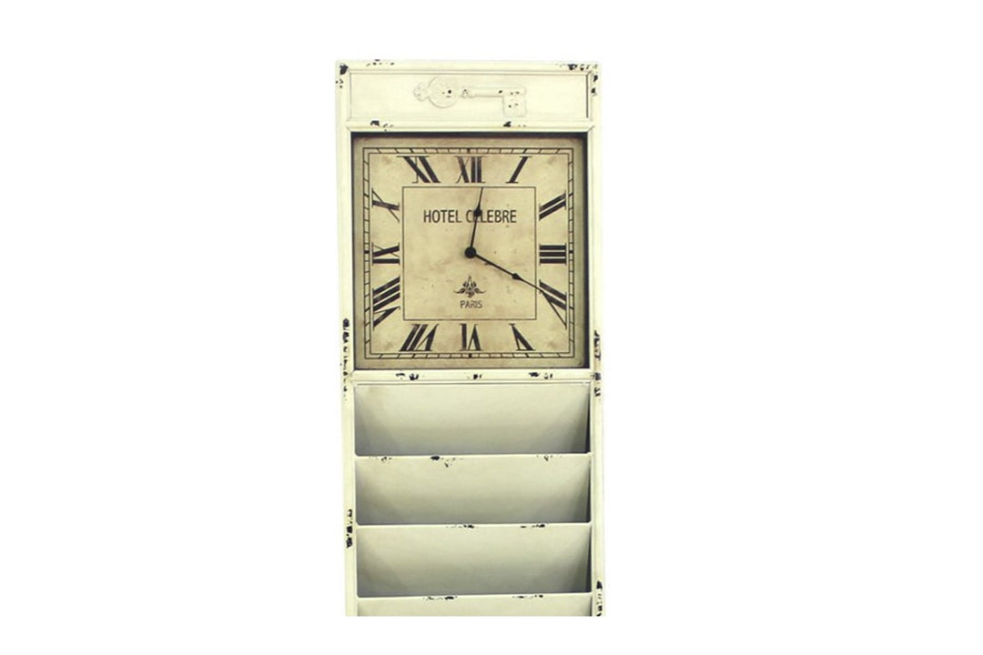 White Vintage Look Newspaper And Magazine Rack With Clock