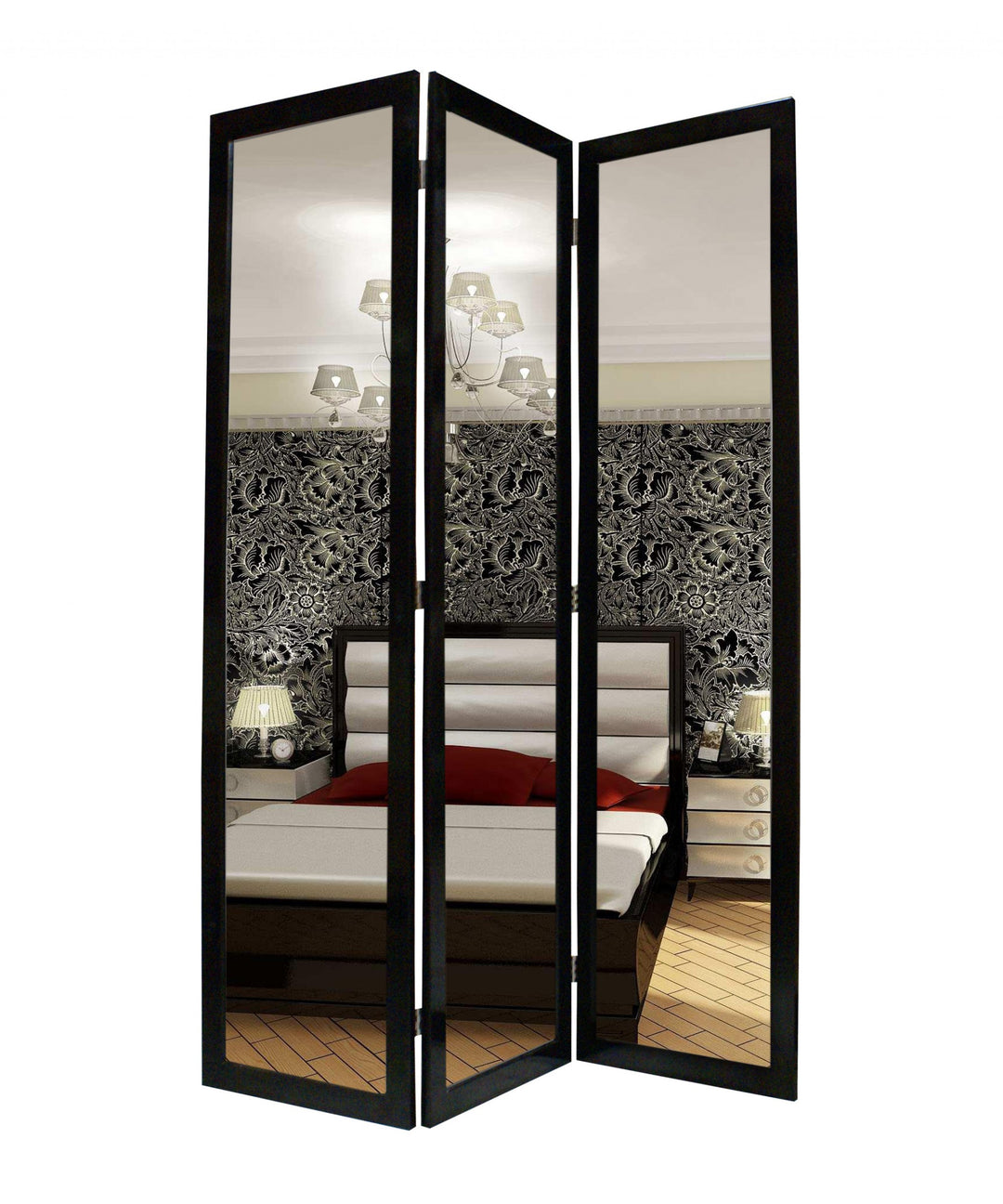 1 X 50 X 69 Black Glass &amp; Wood Mirror Screen