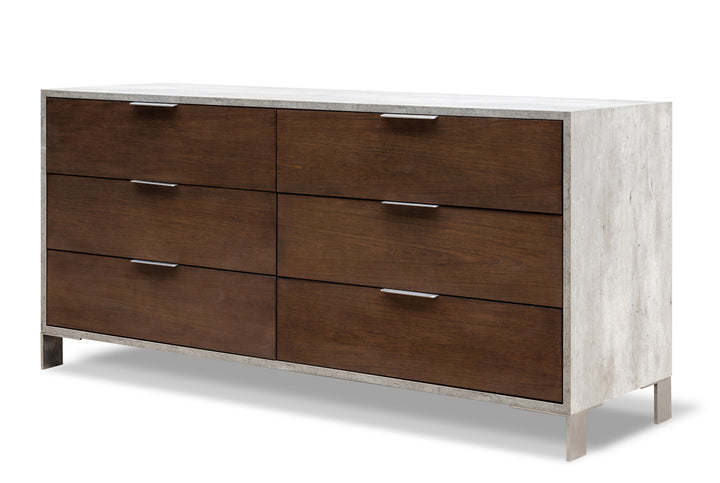 30" Dark Walnut Veneer Steel And Concrete Dresser With 6 Drawers