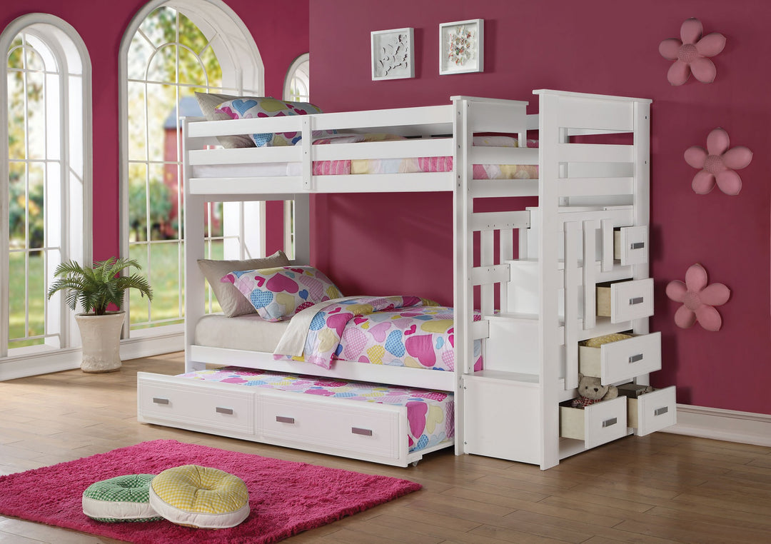 97" X 43" X 68" Twin Over Twin White Storage Ladder And Trundle Bunk Bed