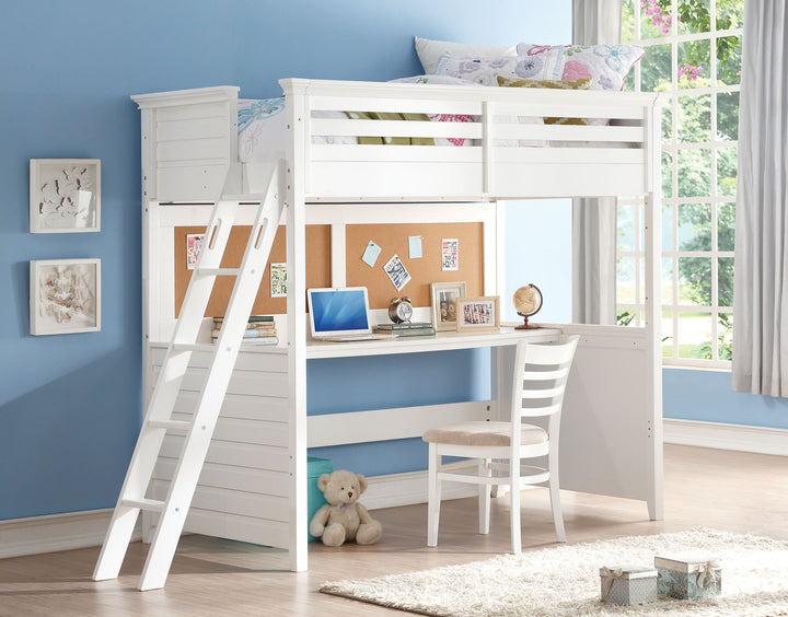 83" X 45" X 74" Twin White Poplar Wood Loft Bed With Desk