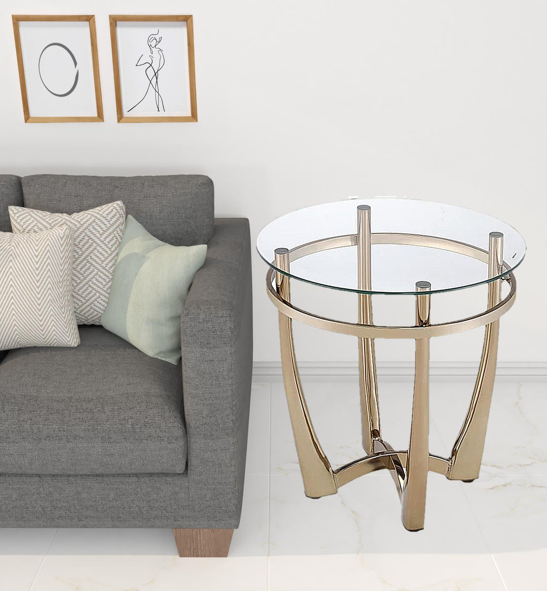 25" Champagne Gold And Clear Glass Round Mirrored End Table