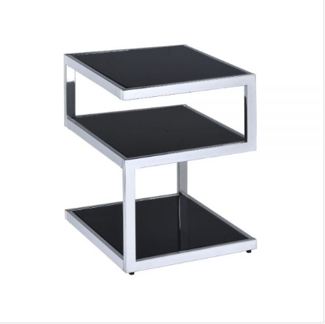 Black Glass And Chrome 3 Tier Shelves End Table