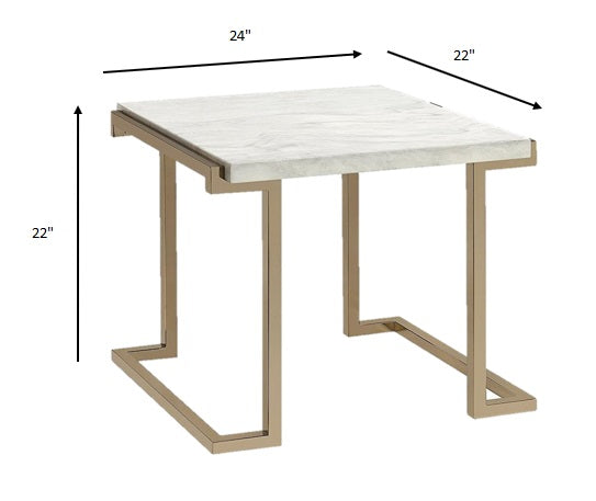 22" Stainless And White Faux Marble Mirrored End Table