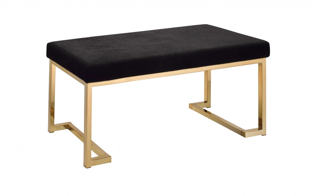 Modern Rectangular Black Padded Bench With Champagne Metal Base