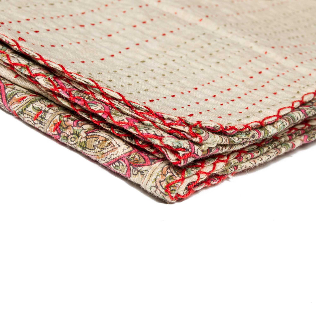 Beige Kantha Throw Blanket