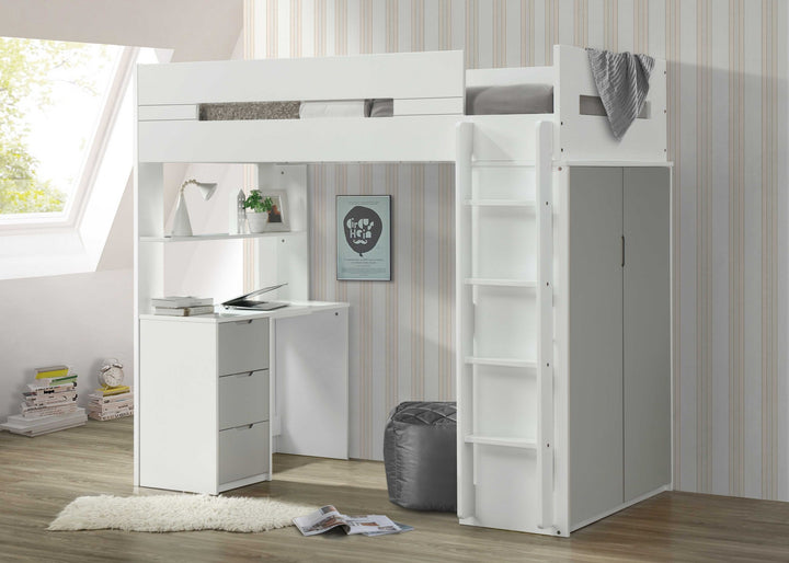 White And Gray Twin Loft Bed And Desk