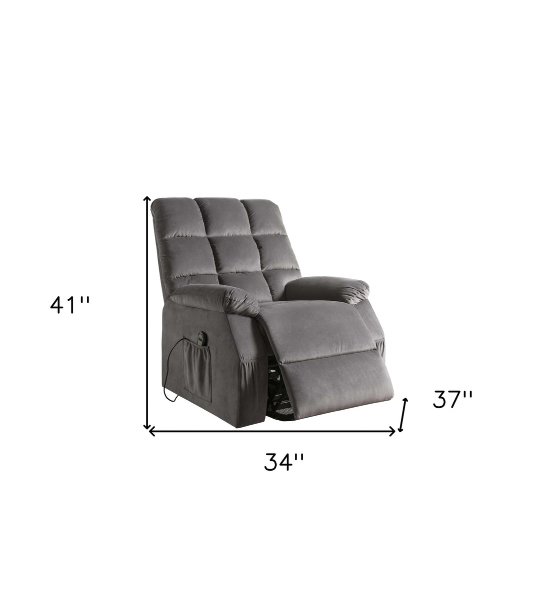 34" X 37" X 41" Gray Velvet Recliner With Power Lift And Massage