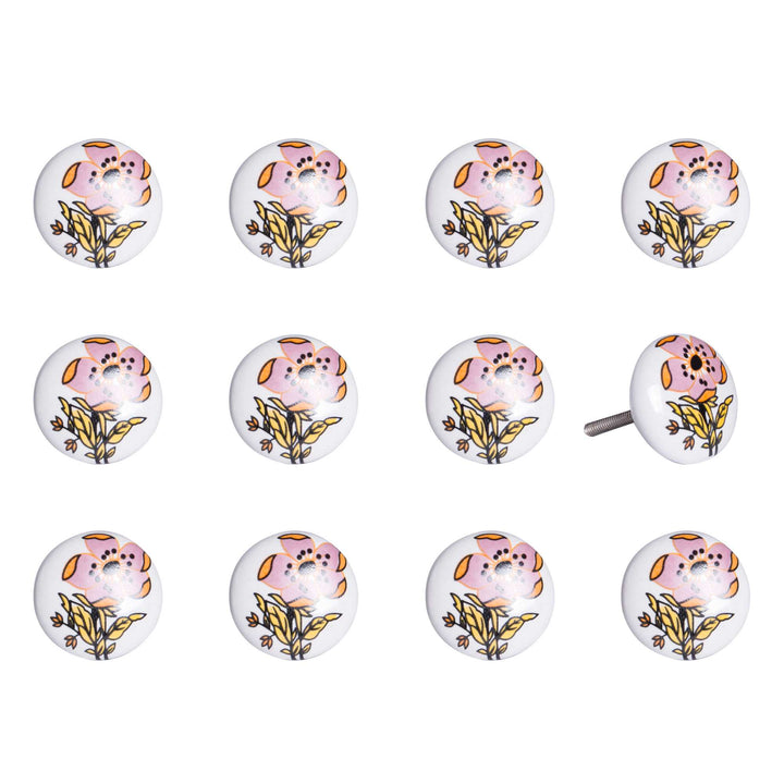 Floral White And Pink Set Of 12 Knobs