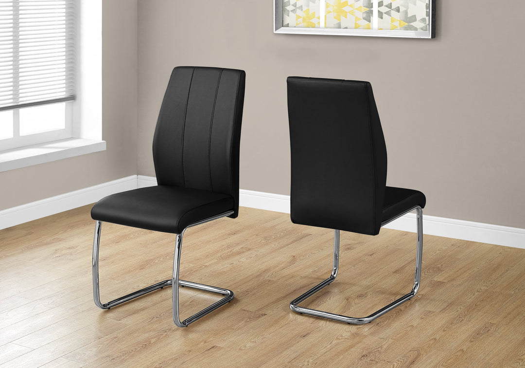 Two 77.5" Black Leather Look Chrome Metal And Foam Dining Chairs