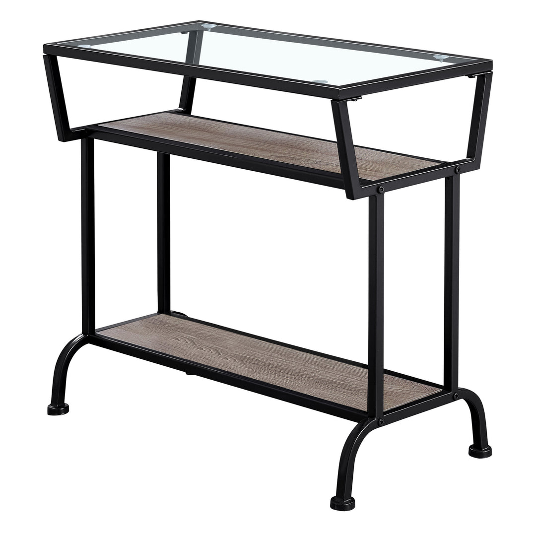 12" X 24" X 22" Dark Taupe With Black Coated Metal And Clea Tempered Glass Accent Table