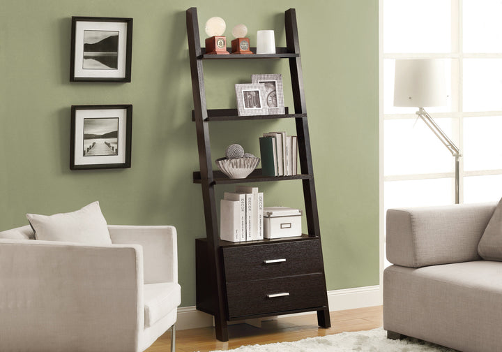 69" Cappuccino Particle Board Ladder Bookcase With Two Storage Drawers