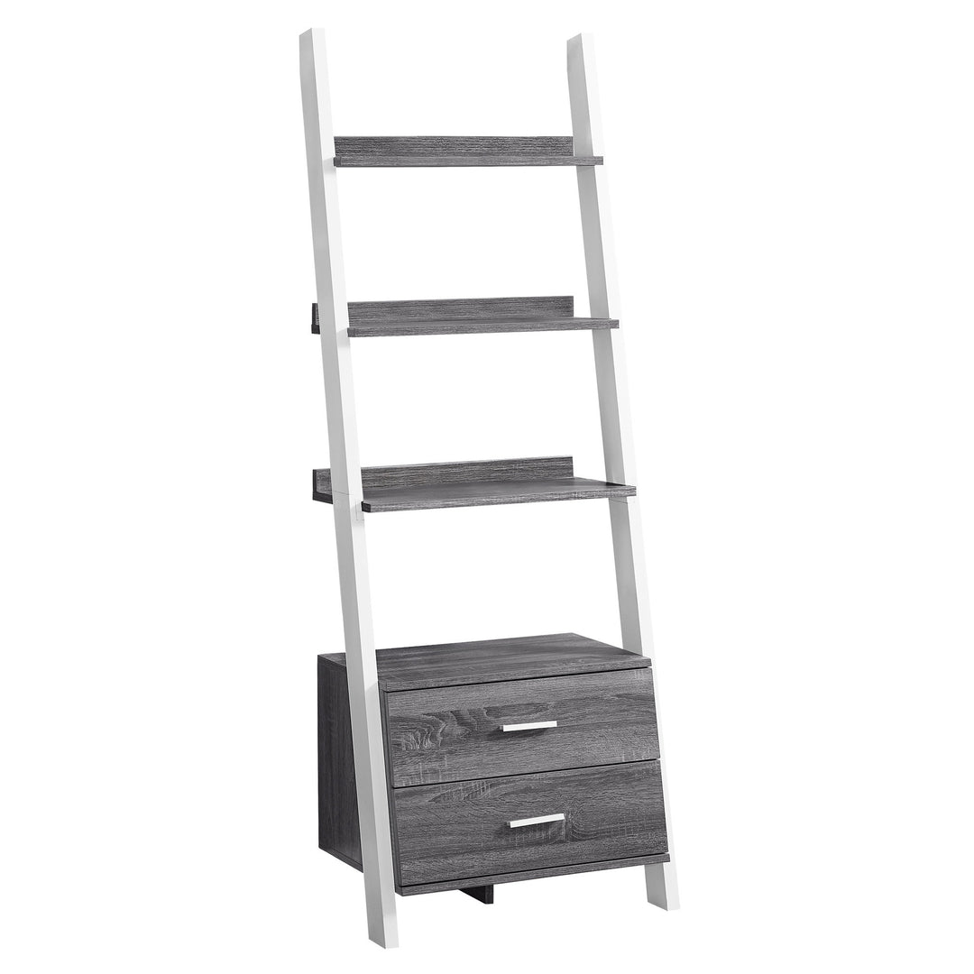 69" Gray And White Four Tier Ladder Bookcase With Two Drawers