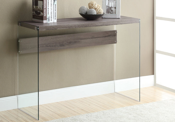 15.75" X 44" X 32" Dark Taupe Clear Particle Board Tempered Glass Accent Table